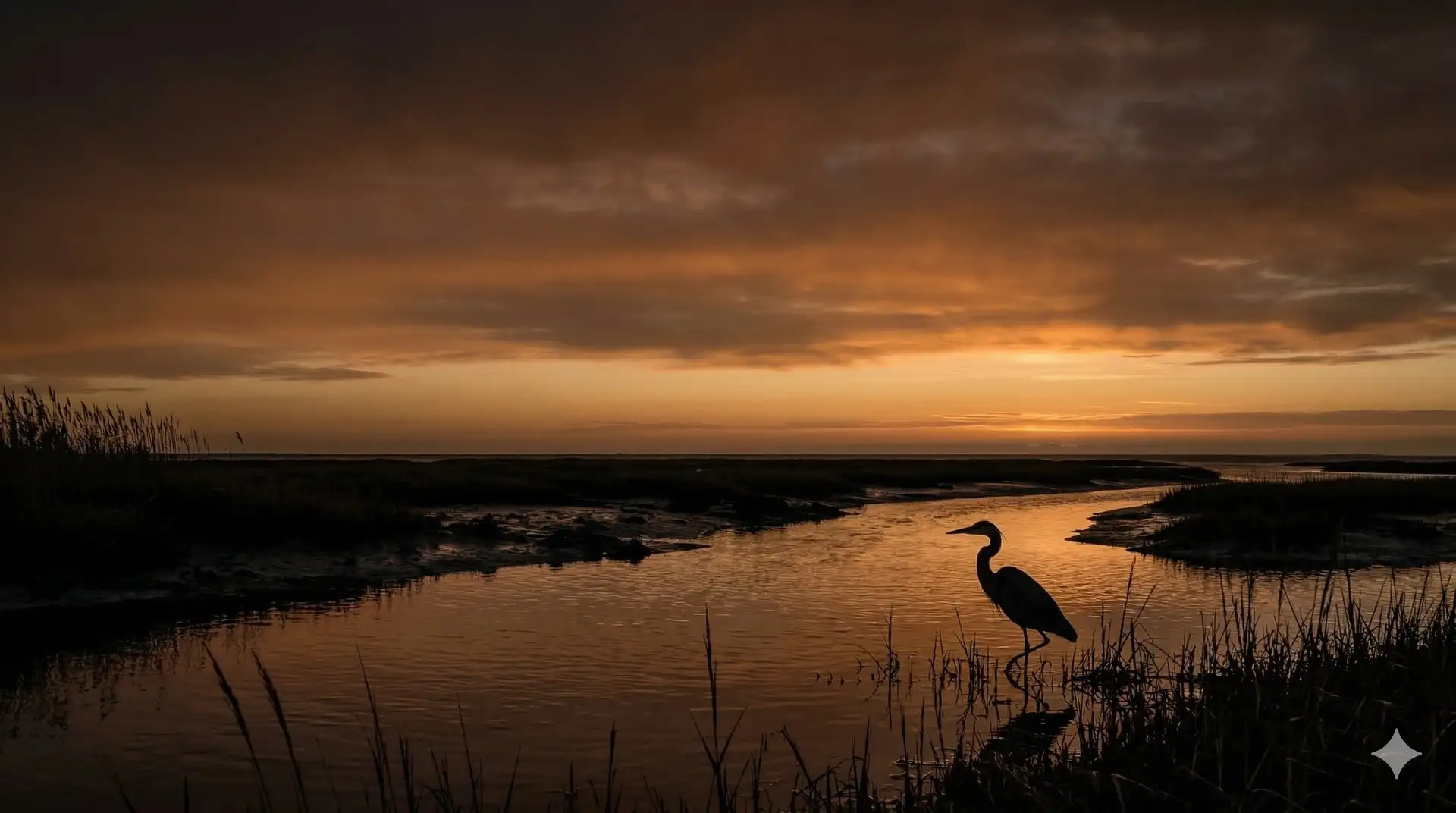 Heron silhouette standing in water at sunset