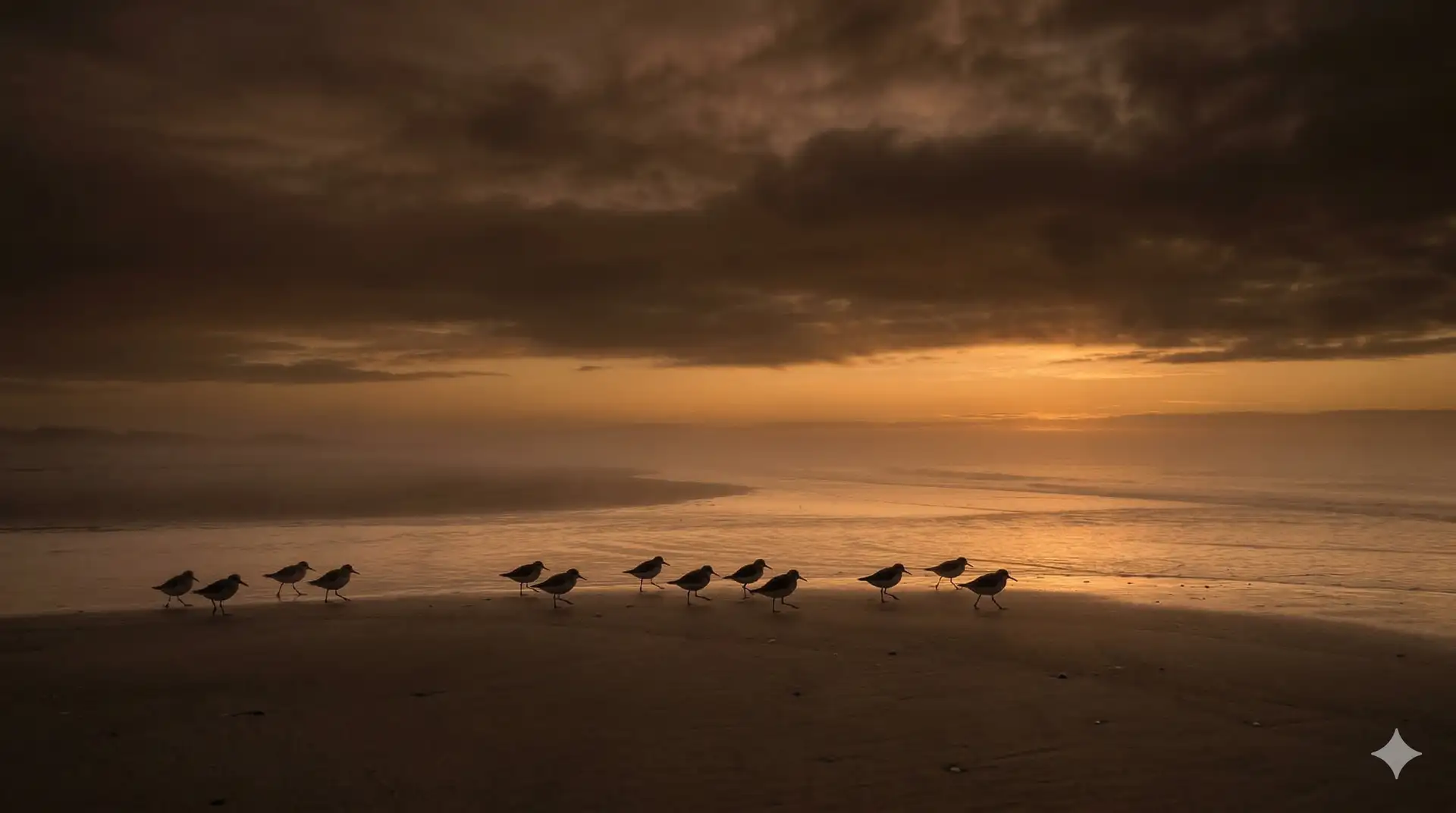 Sandpipers walking along a misty shoreline at dawn